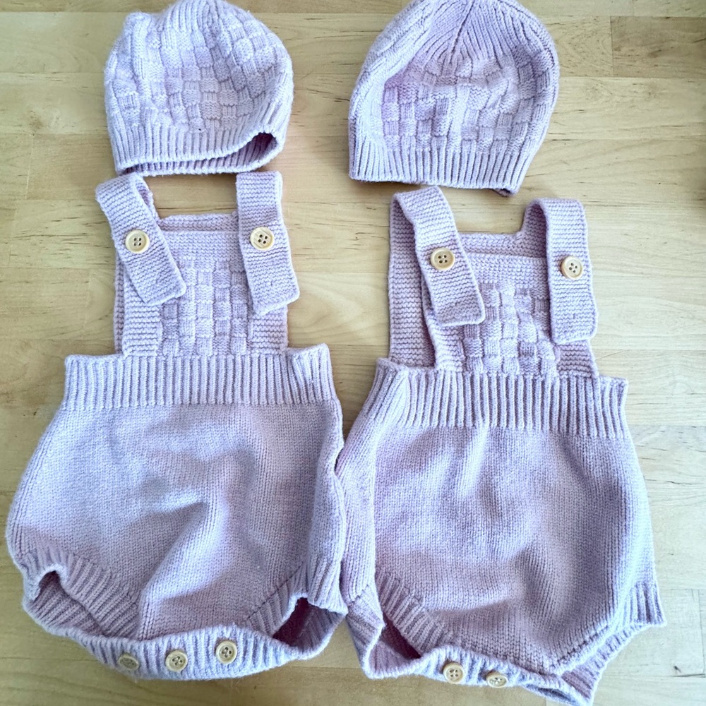 Pink Knit Baby Romper and Hat Set newborn 0-1 month, 2 available.